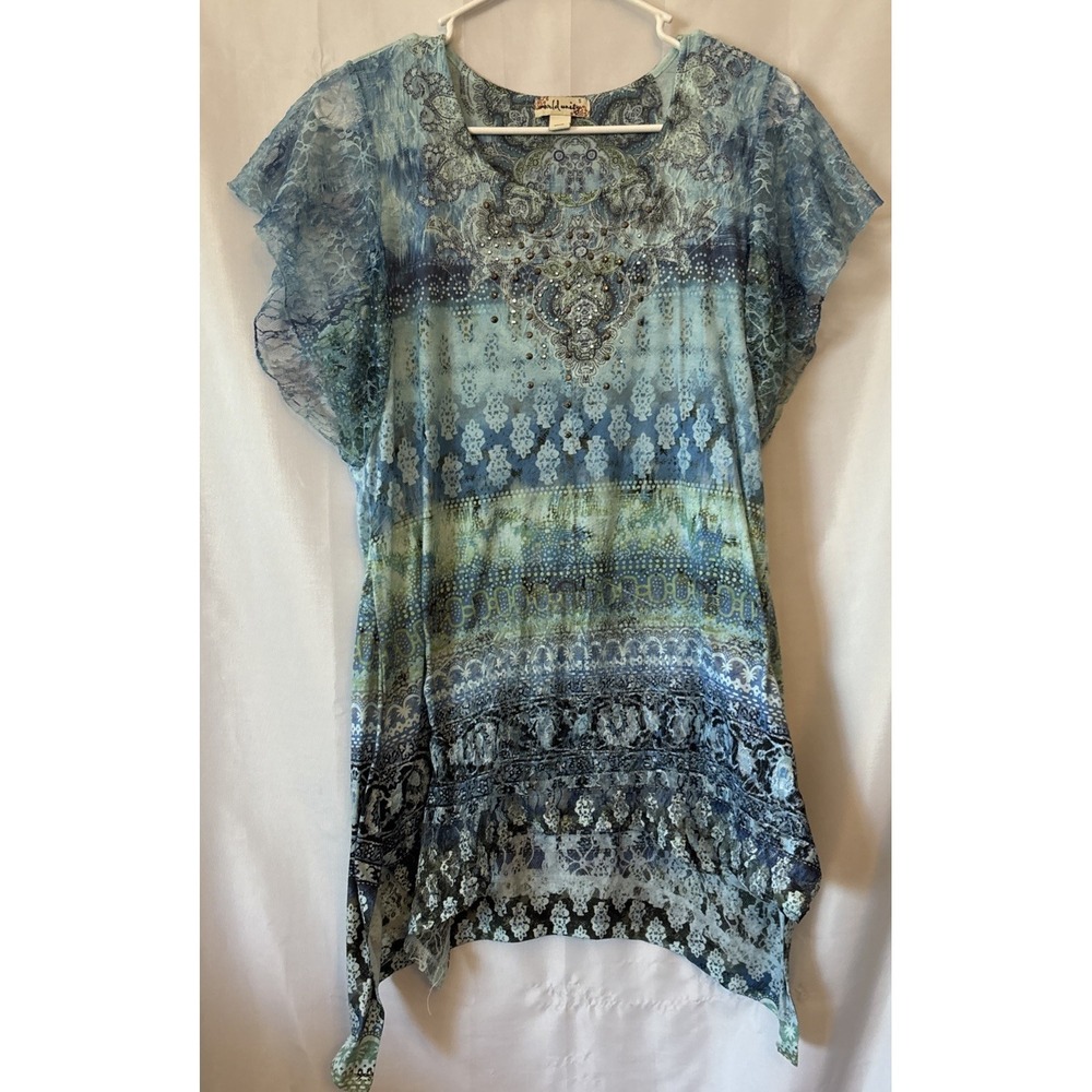 World Unity Embellished BOHO Lace Tunic Blue Green Handkerchief Hem Size S‎